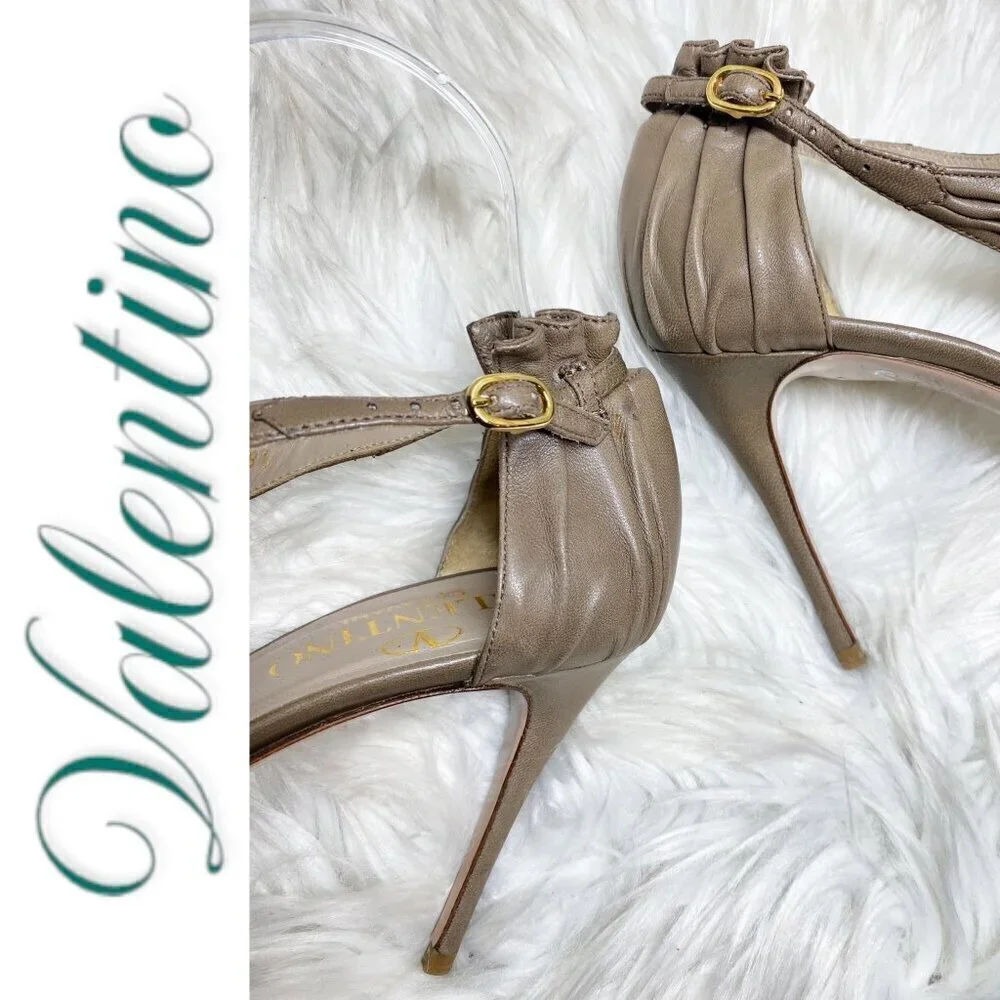 VALENTINO Vintage Taupe Leather Ruffle Accent Open Toe Stiletto Heels, Size 38.5
